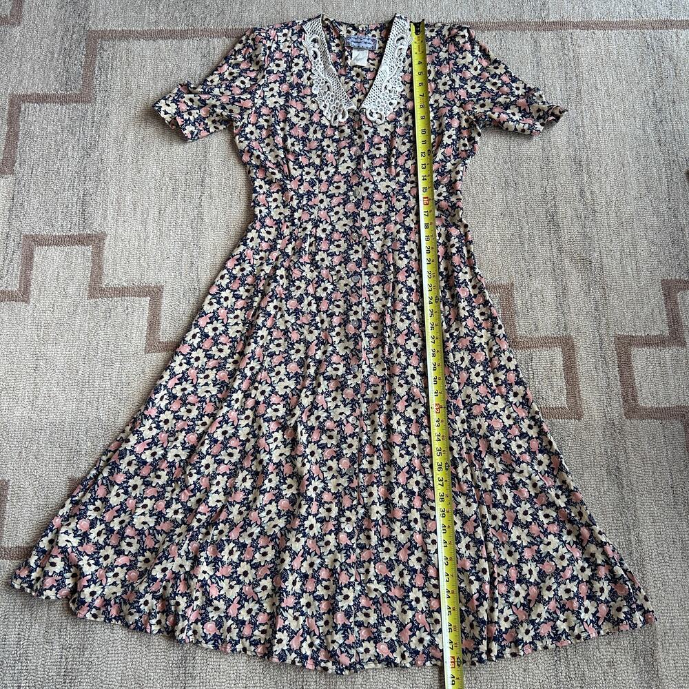 Vintage Floral Button Front Midi Dress Lace Collar Prairie Romantic Womens M - Picture 11 of 12